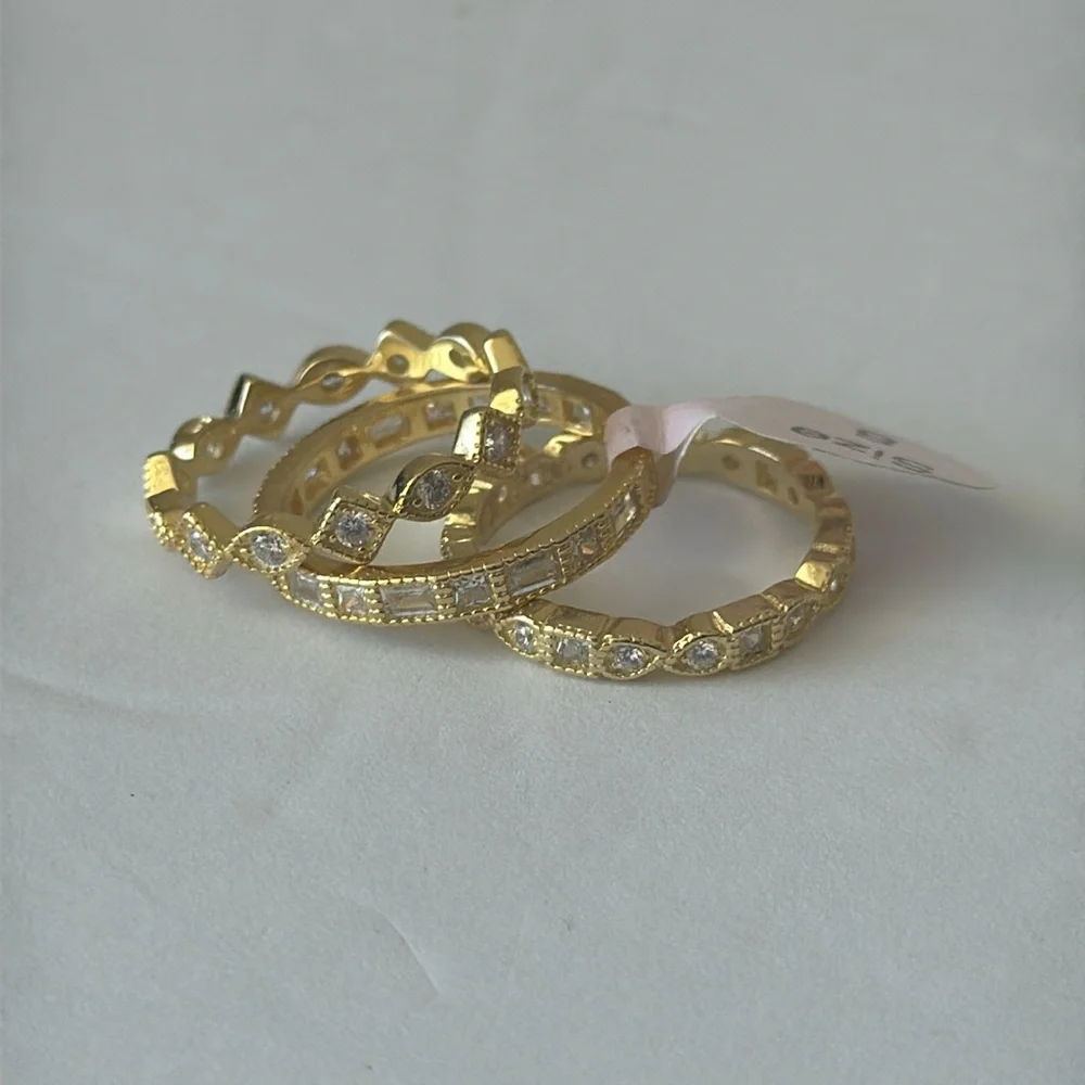 Set of 3 Stacking Rings Gold Plated 925 Sterling Silver Rings CZ Sones Sz. 8